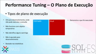 Performance Tuning – O Plano de Execução
• Tipos de plano de execução
Estimado Atual
• Útil para desenvolvimento, onde
não pode executar a consulta
• Não funciona com objetos
temporários
• Não identifica alguns warnings
• Não é apurado para
desenvolvimento
• Baseado nas estatísticas
• Demonstra o que foi executado
 