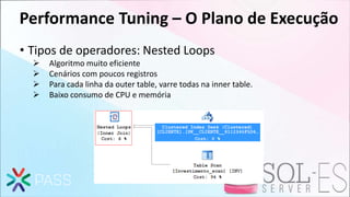 Performance Tuning – O Plano de Execução
• Tipos de operadores: Nested Loops
 Algoritmo muito eficiente
 Cenários com poucos registros
 Para cada linha da outer table, varre todas na inner table.
 Baixo consumo de CPU e memória
 