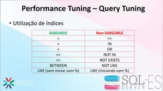 Performance Tuning – Query Tuning
• Utilização de índices
SARGABLE Non-SARGABLE
= <>
> IN
< OR
>= NOT IN
>= NOT EXISTS
BETWEEN NOT LIKE
LIKE (sem iniciar com %) LIKE (iniciando com %)
 