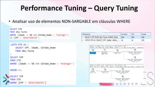 Performance Tuning – Query Tuning
• Analisar uso de elementos NON-SARGABLE em cláusulas WHERE
 