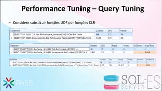 Performance Tuning – Query Tuning
• Considere substituir funções UDF por funções CLR
 