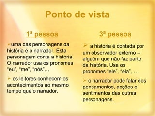 Ponto de vista 1ª pessoa uma das personagens da história é o narrador. Esta personagem conta a história. O narrador usa os pronomes “eu”, “me”, “nós”… os leitores conhecem os acontecimentos ao mesmo tempo que o narrador. 3ª pessoa a história é contada por um observador externo – alguém que não faz parte da história. Usa os pronomes “ele”, “ela”, … o narrador pode falar dos pensamentos, acções e sentimentos das outras personagens. 