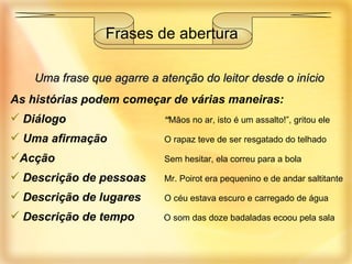 Uma frase que agarre a atenção do leitor desde o início As histórias podem começar de várias maneiras: Diálogo   “ Mãos no ar, isto é um assalto!”, gritou ele Uma afirmação   O rapaz teve de ser resgatado do telhado Acção   Sem hesitar, ela correu para a bola Descrição de pessoas   Mr. Poirot era pequenino e de andar saltitante Descrição de lugares   O céu estava escuro e carregado de água Descrição de tempo  O som das doze badaladas ecoou pela sala Frases de abertura 