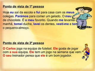 Ponto de vista de 1ª pessoa Hoje  eu  saí da escola e  fui  para casa com os  meus  colegas.  Parámos  para comer um gelado. O  meu  era de chocolate. É  o meu  favorito. Quando  me  levantei de manhã,  tomei  duche,  lavei  os dentes,  vesti-me  e  tomei  o pequeno-almoço. Ponto de vista de 3ª pessoa O Carlos  joga na equipa de futebol.  Ele  gosta de jogar com  a sua  equipa.  Ele  tem um jogo na semana que vem.  O seu  treinador pensa que  ele  é um bom jogador. 
