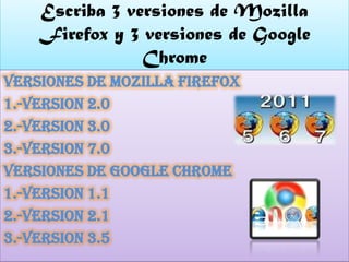 Escriba 3 versiones de Mozilla
    Firefox y 3 versiones de Google
                Chrome
versiones de Mozilla Firefox
1.-version 2.0
2.-version 3.0
3.-version 7.0
versiones de Google Chrome
1.-version 1.1
2.-version 2.1
3.-version 3.5
 