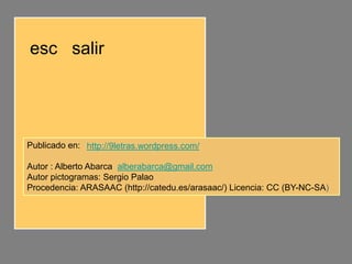 esc salir




Publicado en: http://9letras.wordpress.com/

Autor : Alberto Abarca alberabarca@gmail.com
Autor pictogramas: Sergio Palao
Procedencia: ARASAAC (http://catedu.es/arasaac/) Licencia: CC (BY-NC-SA)
 