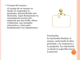 Cuerpo del ensayo:  el cuerpo de tu ensayo es donde tú respondes la pregunta, desarrollando una discusión. Aquí demuestras tu conocimiento acerca del material que has leído, ofrece evidencias, usa ejemplos relevantes y citas para fundamentar tus argumentos.  Conclusión:  la conclusión finaliza el ensayo, reiterando la idea principal, y la respuesta a la pregunta. La conclusión va desde lo específico hacia lo general. 