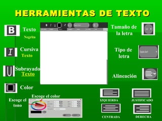 HERRAMIENTAS DE TEXTOHERRAMIENTAS DE TEXTO
Texto
Cursiva
Texto
Subrayado
Texto
Color
Escoge el color
Escoge el
tono
Tamaño de
la letra
Tipo de
letra
Alineación
IZQUIERDA JUSTIFICADO
CENTRADA DERECHA
Negrita
 