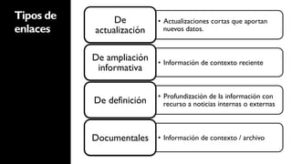 Tipos de        De         •  Actualizaciones cortas que aportan
enlaces    actualización      nuevos datos.



           De ampliación   •  Información de contexto reciente
            informativa

                           •  Profundización de la información con
           De definición      recurso a noticias internas o externas



           Documentales    •  Información de contexto / archivo
 
