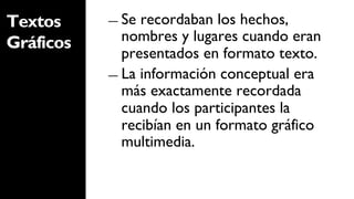 Textos     ―  Se recordaban los hechos,
Gráficos      nombres y lugares cuando eran
              presentados en formato texto.
           ―  La información conceptual era
              más exactamente recordada
              cuando los participantes la
              recibían en un formato gráfico
              multimedia.
 