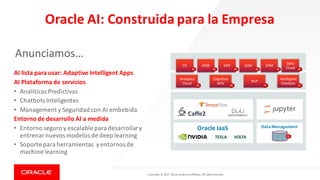 Copyright	©	2017, Oracle	and/or	its	affiliates.	All	rights	reserved.		
Oracle	AI:	Construida	para	la	Empresa
AI	lista	para...