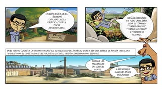 ENTONCES USAR EL
TÉRMINO
“DRAMATURGIA
GRÁFICA” SERÍA
POCO
AFORTUNADO.
EN EL TEATRO COMO EN LA NARRATIVA GRÁFICA, EL RESULTADO DEL TRABAJO VIENE A SER UNA ESPECIE DE PUESTA EN ESCENA
“VISIBLE” PARA EL ESPECTADOR O LECTOR, DE LO QUE SÓLO EXISTÍA COMO PALABRAS ESCRITAS.
LO MÁS ADECUADO
EN TODO CASO, SERÍA
USAR EL TÉRMINO
“TEATRO GRÁFICO”,
“TEATRO ILUSTRADO”
O “HISTORIETA
TEATRAL”.
PORQUE LAS
PALABRAS SE
LAS LLEVA EL
VIENTO… A MENOS QUE
LAS FIJES EN UN
BOCADILLO.
 