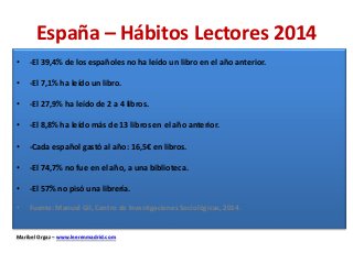 España – Hábitos Lectores 2014
• -El 39,4% de los españoles no ha leído un libro en el año anterior.
• -El 7,1% ha leído u...
