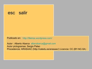 esc  salir Publicado en:  Autor : Alberto Abarca  [email_address] Autor pictogramas: Sergio Palao  Procedencia: ARASAAC (http://catedu.es/arasaac/) Licencia: CC (BY-NC-SA ) http ://9letras. wordpress.com /   