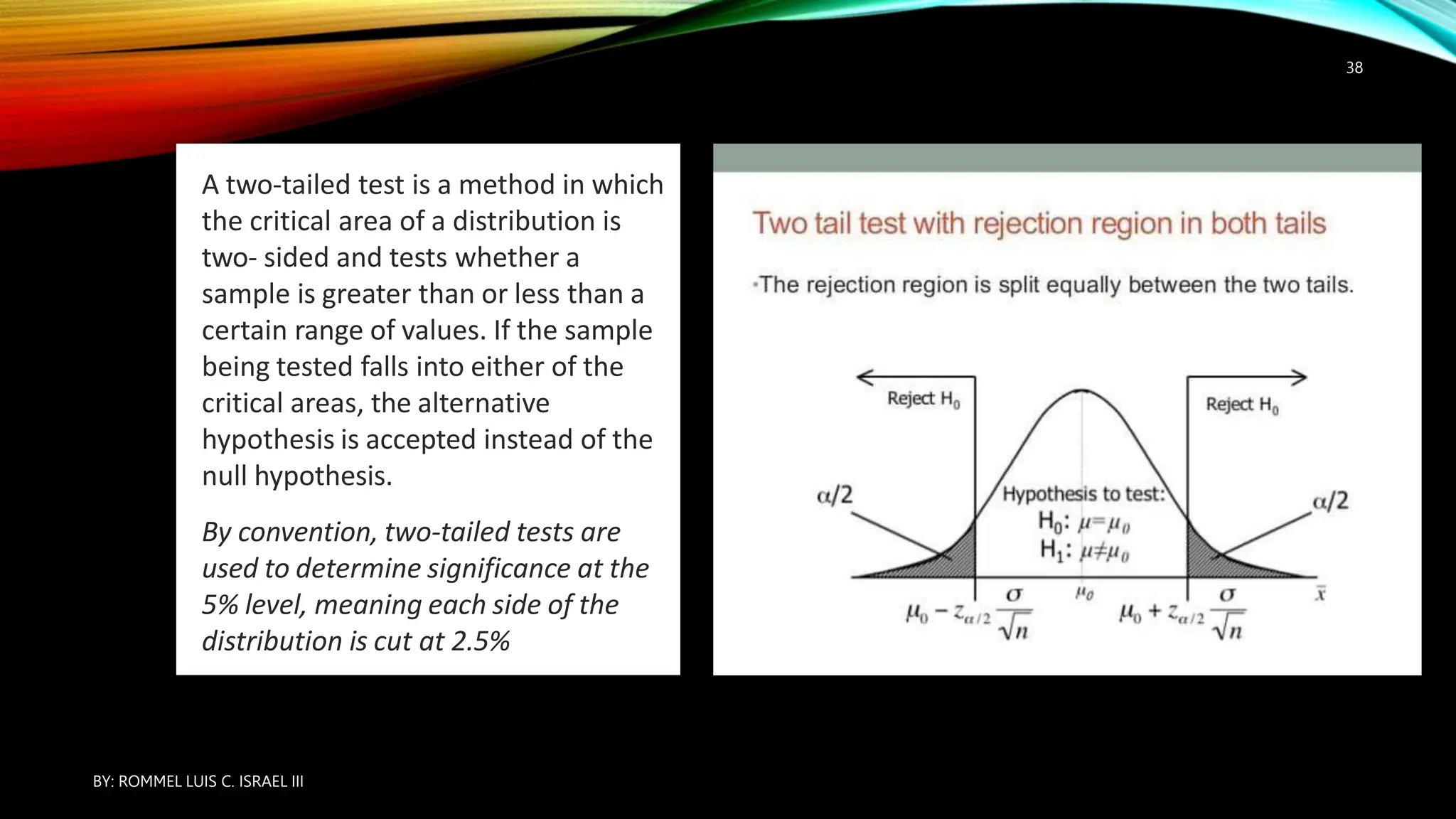 5. TWO-TAILED TEST:
A two-tailed test is a method in which
the critical area of a distribution is
two- sided and tests whether a
sample is greater than or less than a
certain range of values. If the sample
being tested falls into either of the
critical areas, the alternative
hypothesis is accepted instead of the
null hypothesis.
By convention, two-tailed tests are
used to determine significance at the
5% level, meaning each side of the
distribution is cut at 2.5%
BY: ROMMEL LUIS C. ISRAEL III
38
 