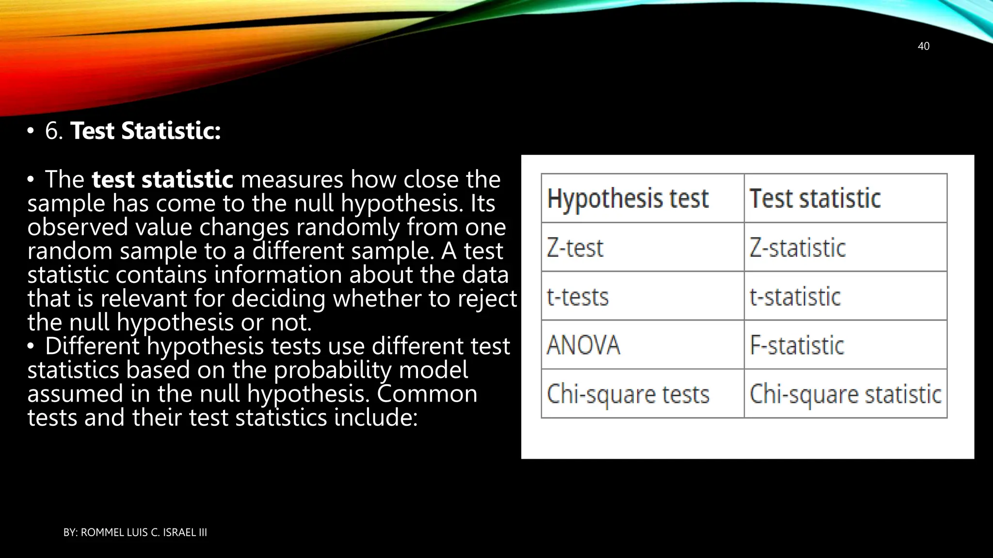 • 6. Test Statistic:
• The test statistic measures how close the
sample has come to the null hypothesis. Its
observed value changes randomly from one
random sample to a different sample. A test
statistic contains information about the data
that is relevant for deciding whether to reject
the null hypothesis or not.
• Different hypothesis tests use different test
statistics based on the probability model
assumed in the null hypothesis. Common
tests and their test statistics include:
BY: ROMMEL LUIS C. ISRAEL III
40
 