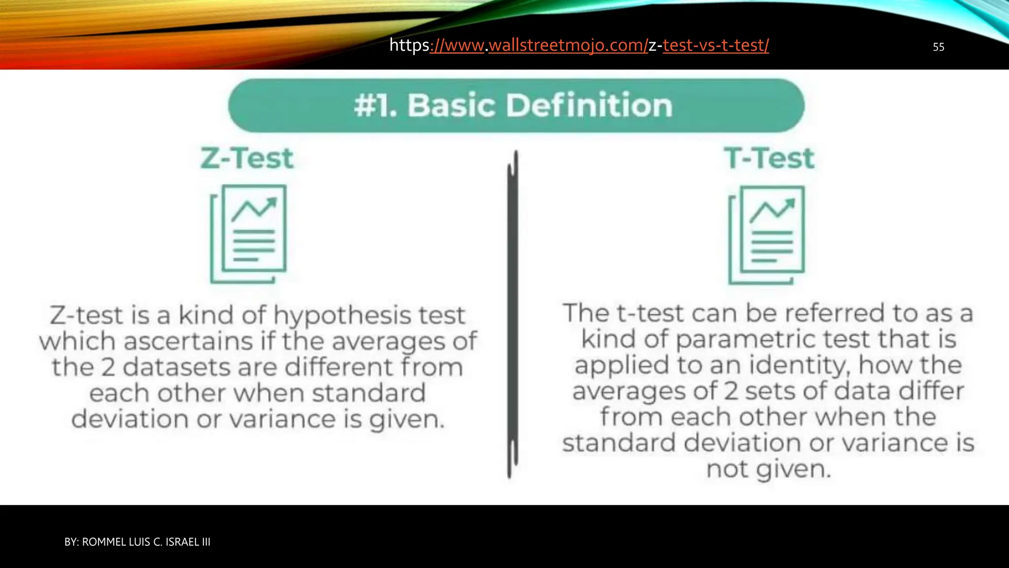 https://www.wallstreetmojo.com/z-test-vs-t-test/
BY: ROMMEL LUIS C. ISRAEL III
55
 
