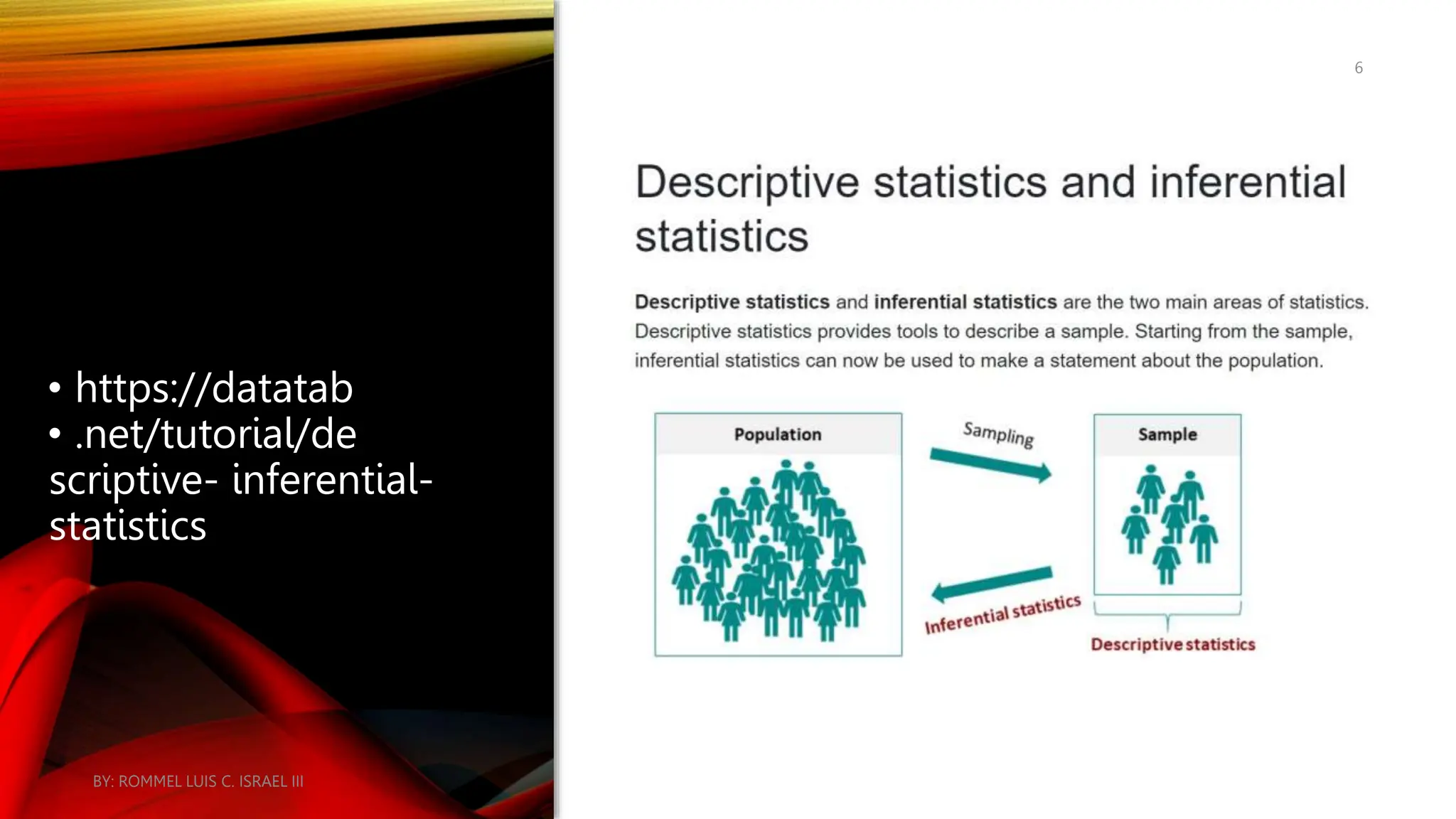 • https://datatab
• .net/tutorial/de
scriptive- inferential-
statistics
BY: ROMMEL LUIS C. ISRAEL III
6
 