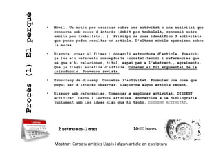 Procés(1)Elperquè • Mòvil. Un motiu per escriure sobre una activitat o una activitat que
connecta amb coses d'interès (àmbit poc trebalalt, connexió entre
àmbits poc treballats...). Principi de curs identifico 3 activitats
que penso poden resultar en article. D’altres mòvils apareixen sobre
la marxa.
• Discurs. crear el fitxer i donar-li estructura d'article. Posar-hi
ja les els referents conceptuals (constel·lació) i referències que
sé que s'hi relacionen, títol, espai per a l'abstract., agraïments.
Que ja tingui estètica d’article. Ordenar el fil argumental de la
introducció. Preveure revista.
• Esborrany de disseny. Concebre l’activitat. Formular una cosa que
pugui ser d'interès observar. Llegir-ne algun article recent.
• Disseny amb referències. Començar a explicar activitat. DISSENY
ACTIVITAT. Cerca i lectura articles. Anotar-los a la bibliografia
juntament amb les idees clau que hi trobo. DISSENY ACTIVITAT.
2 setmanes-1 mes 10-20 hores.
Mostrar: Carpeta articles Llapis i algun article en escriptura
 