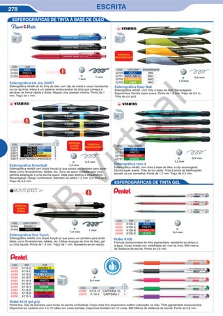 278 ESCRITA
CÓD. COR
57034 AZUL
57033 PRETO
57035 VERMELHO
Esferográﬁca Ink Joy 300RT
Esferográfica retrátil de de tinta de óleo com clip de metal e corpo translúcido
na cor da tinta. Inkjoy é um sistema revolucionário de tinta que começa a
escrever de forma rápida e fluída. Requer uma pressão mínima. Ponta de 1
mm. Traço de 1 mm.
Esferográfica Easy Ball
Esferográfica retrátil, com tinta à base de óleo. Recarregável.
Ergonómica. Escrita super suave. Ponta de 1,2 mm. Traço de 0,5 m.
Tinta de cor azul.
CÓD. COR GRIP ESQUERDINOS
52790 AZUL* SIM
52791 AZUL GELO NÃO
52792 LARANJA NÃO
52793 LIMA NÃO
Ø
*ESPECIAL
ESQUERDINOS
ESFEROGRÁFICAS DE TINTA À BASE DE ÓLEO
NOVIDADE
Esferográﬁca Smartball
Esferográfica retrátil com dupla função já que possuí um ponteiro para ecrãs
táteis como Smartphones, tablets, etc. Zona de apoio moldada para uma
perfeita adaptação e uma escrita suave. Ideal para destros e esquerdinos.
Recarregável. Design combinável. Diâmetro da esfera 1,2 mm. Cor tinta azul.
Traço de 0,5 mm.
Ø
CÓD. COR CORPO
53870 PRETO/LILÁS* 5
53871 PRETO/AZUL 5
53872 PRETO/KIWI 5
53873 PRETO/LARANJA 5
53874 SORTIDAS(3 UNIDADES) 1
NOVIDADE
ESPECIAL
ECRÃS
TÁTEIS
*ESPECIAL
ESQUERDINOS
Esferográﬁca com 4
Esferográfica retrátil, com tinta à base de óleo, e clip recarregável.
Escrita super suave. Tinta de cor preta. Tinta à prova de falsificações
(exceto na cor vermelha). Ponta de 1,2 mm. Traço de 0,5 mm.
CÓD. COR CORPO
52794 AZUL
52795 PRETO
52796 VERMELHO
52797 VERDE Ø
Esferográﬁca One Touch
Esferográfica retrátil com dupla função já que posuí um ponteiro para ecrãs
táteis como Smartphones, tablets, etc. Utiliza recargas de tinta de óleo, gel
ou tinta líquida. Ponta de 1.4 mm. Traço de 1 mm. Apresenta-se em estojo.
CÓD. COR CORPO
54454 BRANCO
54453 PRETO Ø
NOVIDADE
ESPECIAL
ECRÃS
TÁTEIS
ESFEROGRÁFICAS DE TINTA GEL
Roller K106
Fórmula revolucionária de tinta pigmentada, resistente ao tempo e
à água. Corpo cristal com visibilidade do nível da tinta. 600 metros
de distância de escrita. Ponta de 0,6 mm.
CÓD. REF. COR
45097 K106-C AZUL
45095 K106-A PRETO
45096 K106-B VERMELHO
45098 K106-D VERDE
Roller K116 gel grip
Ponta fina. Grip de borracha para horas de escrita confortável. Corpo mais fino proporciona melhor colocação na mão. Tinta pigmentada revolucionária.
Disponível em carteira com 4 e 10 rollers em cores sortidas. Disponível também em 10 cores. 600 Metros de distância de escrita. Ponta de 0,6 mm.
Ø
Ø
CÓD. REF. COR
45080 K116-10 CARTEIRA 10 1
45079 K116-4 CARTEIRA 4 1
CÓD. REF. COR
45086 K116-G AMARELO
45083 K116-C AZUL
45089 K116-S AZUL CELESTE
45085 K116-F LARANJA
45081 K116-A PRETO
45088 K116-P ROSA
45084 K116-V VERDE
45087 K116-K VERDE CLARO
45082 K116-B VERMELHO
45090 K116-V VIOLETA
R
eco me
n
dado
PB
Virtual
 