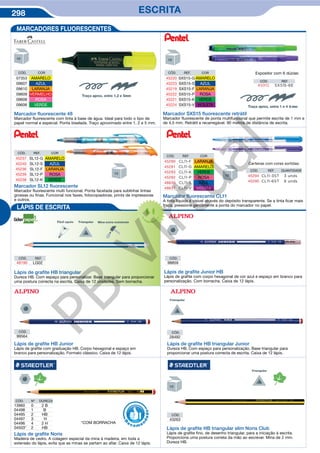 298 ESCRITA
Marcador ﬂuorescente 48
Marcador fluorescente com tinta à base de água. Ideal para todo o tipo de
papel normal e especial. Ponta biselada. Traço aproximado entre 1, 2 e 5 mm.
CÓD. COR
07353 AMARELO
09607 AZUL
09610 LARANJA
09609 VERMELHO
09608 ROSA
09606 VERDE
CÓD.
98859
CÓD.
28492
Lápis de graﬁte Junior HB
Lápis de grafite com corpo hexagonal de cor azul e espaço em branco para
personalização. Com borracha. Caixa de 12 lápis.
Lápis de graﬁte HB triangular Junior
Dureza HB. Com espaço para personalização. Base triangular para
proporcionar uma postura correcta de escrita. Caixa de 12 lápis.
Lápis de graﬁte HB triangular
Dureza HB. Com espaço para personalizar. Base triangular para proporcionar
uma postura correcta na escrita. Caixa de 12 unidades. Sem borracha.
CÓD. REF.
48190 LG02
CÓD.
99564
Lápis de graﬁte HB Junior
Lápis de grafite com graduação HB. Corpo hexagonal e espaço em
branco para personalização. Formato clássico. Caixa de 12 lápis.
MARCADORES FLUORESCENTES
LÁPIS DE ESCRITA
CÓD.
43263
Lápis de grafite Noris
Madeira de cedro. A colagem especial da mina à madeira, em toda a
extensão do lápis, evita que as minas se partam ao afiar. Caixa de 12 lápis.
*COM BORRACHA
CÓD. Nº DUREZA
13960 0 2 B
04498 1 B
04495 2 HB
04497 3 H
04496 4 2 H
04503* 2 HB Lápis de graﬁte HB triangular slim Noris Club
Lápis de grafite fino, de desenho triangular, para a iniciação à escrita.
Proporciona uma postura correta da mão ao escrever. Mina de 2 mm.
Dureza HB.
R
eco me
n
dado
Traço aprox. entre 1,2 e 5mm
Fácil apoio
Marcador SXS15 ﬂuorescente retrátil
Marcador fluorescente de ponta multifuncional que permite escrita de 1 mm e
de 4,5 mm. Retrátil e recarregável. 90 metros de distância de escrita.
CÓD. REF.
45912 SXS15-6E
Expositor com 6 dúzias:
Marcador SL12 ﬂuorescente
Marcador fluorescente multi funcional. Ponta facetada para sublinhar linhas
grossas ou finas. Funcional nos faxes, fotocopiadoras, prints de impressoras
e outros.
CÓD. REF. QUANTIDADE
45294 CL11-3ST 3 unds
45295 CL11-6ST 6 unds
Carteiras com cores sortidas:
CÓD. REF. COR
45237 SL12-G AMARELO
45240 SL12-S AZUL
45236 SL12-F LARANJA
45239 SL12-P ROSA
45238 SL12-K VERDE
CÓD. REF. COR
45220 SXS15-G AMARELO
45223 SXS15-S AZUL
45219 SXS15-F LARANJA
45222 SXS15-P ROSA
45221 SXS15-K VERDE
45224 SXS15-V VIOLETA
CÓD. REF. COR
45290 CL11-F LARANJA
45291 CL11-G AMARELO
45293 CL11-K VERDE
45292 CL11-P ROSA
48636 CL11-S AZUL
48637 CL11-V VIOLETA
Marcador ﬂuorescente CL11
A tinta líquida é visível através do depósito transparente. Se a tinta ficar mais
fraca, pressione gentilmente a ponta do marcador no papel.
Traço aprox. entre 1 e 4 mm
PB
Virtual
 