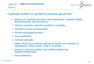 A aplicação consiste num gerador de processos que permite: Associar um inquérito com todo o tipo de perguntas: resposta múltipla, desenvolvimento, teste americano; Valorizar respostas e permitir quantificar o resultado; Introduzir circuitos de autorização; Permitir autorização em bloco; Gerar estatísticas; Controlar execução; Definir limites para aumentos salariais de acordo com a posição no organograma, salário actual, “range” e avaliação; Associar o orçamento global e por unidade orgânica (ex: departamento/divisão) Gerar estatísticas O que é ? |Aval. de Desempenho 