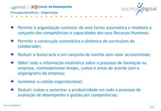 Permite à organização conhecer de uma forma automática e imediata o conjunto das competências e capacidades dos seus Recursos Humanos; Permitir a construção automática e dinâmica do curriculum do colaborador; Reduzir a burocracia e um conjunto de tarefas sem valor acrescentado; Obter toda a informação estatística sobre o processo de formação na empresa, nomeadamente tempo, custos e áreas de acordo com o organigrama da empresa; Aumentar a coesão organizacional; Reduzir custos e aumentar a produtividade em todo o processo de avaliação de desempenho e gestão por competências; Principais Benefícios - Organização |Aval. de Desempenho 