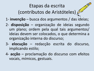 Etapas da escrita(contributos de Aristóteles)1- invenção – busca dos argumentos / das ideias;2- disposição – organização de ideias segundo um plano; ordem pela qual tais argumentos/ ideias devem ser colocados, o que determina a organização interna do discurso;3- elocução – redacção escrita do discurso, implicando estilo;4- acção – proclamação do discurso com efeitos vocais, mímicos, gestuais.