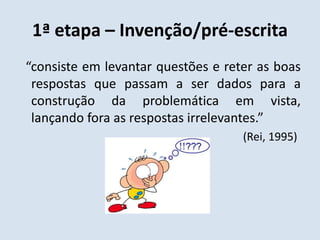 1ª etapa – Invenção/pré-escrita  “consiste em levantar questões e reter as boas respostas que passam a ser dados para a construção da problemática em vista, lançando fora as respostas irrelevantes.”                                                                               (Rei, 1995)