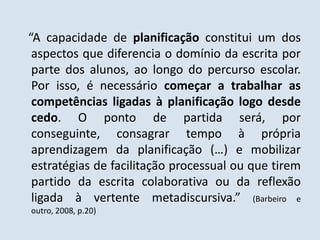    “A capacidade de planificação constitui um dos aspectos que diferencia o domínio da escrita por parte dos alunos, ao longo do percurso escolar. Por isso, é necessário começar a trabalhar as competências ligadas à planificação logo desde cedo. O ponto de partida será, por conseguinte, consagrar tempo à própria aprendizagem da planificação (…) e mobilizar estratégias de facilitação processual ou que tirem partido da escrita colaborativa ou da reflexão ligada à vertente metadiscursiva.” (Barbeiro e outro, 2008, p.20)