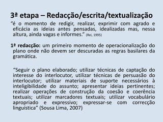 3ª etapa – Redacção/escrita/textualização   “é o momento de redigir, realizar, exprimir com agrado e eficácia as ideias antes pensadas, idealizadas mas, nessa altura, ainda vagas e informes.” (Rei, 1995)1ª redacção: um primeiro momento de operacionalização do plano onde não devem ser descuradas as regras basilares da gramática.     “Seguir o plano elaborado; utilizar técnicas de captação do interesse do interlocutor, utilizar técnicas de persuasão do interlocutor; utilizar materiais de suporte necessários à inteligibilidade do assunto; apresentar ideias pertinentes; realizar operações de construção da coesão e coerência textuais; utilizar marcadores textuais; utilizar vocabulário apropriado e expressivo; expressar-se com correcção linguística” (Sousa Lima, 2007)