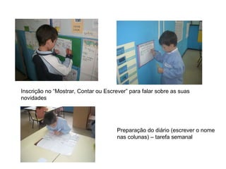 Inscrição no “Mostrar, Contar ou Escrever” para falar sobre as suas novidades Preparação do diário (escrever o nome nas colunas) – tarefa semanal 