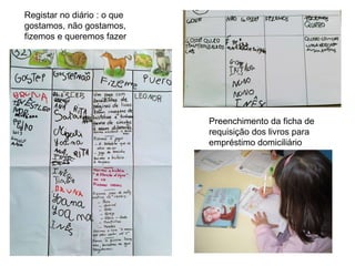 Registar no diário : o que gostamos, não gostamos, fizemos e queremos fazer Preenchimento da ficha de requisição dos livros para empréstimo domiciliário 