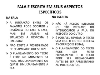 FALA E ESCRITA EM SEUS ASPECTOS
ESPECÍFICOS
NA FALA
 A INTERAÇÃO ENTRE OS
FALANTES PODE OCORRER a
DISTÂNCIA OU FACE A FACE,
MAS EM AMBAS AS
SITUAÇÕES A RESPOSTA É
IMEDIATA;
 NÃO EXISTE A POSSIBILIDADE
DE SE APAGAR O QUE SE DIZ;
 O PLANEJAMENTO DO TEXTO
É FEITO NO MOMENTO DA
FALA, SIMULTANEAMENTE OU
QUASE SIMULTANEAMENTE A
ELA.
NA ESCRITA
 NÃO HÁ ACESSO IMEDIATO
(OU TÃO IMEDIATO) DO
INTERLOCUTOR À FALA OU
RESPOSTA DO OUTRO;
 É POSSÍVEL REVISAR O TEXTO
SEM QUE O OUTRO PERCEBA
AS CORREÇÕES FEITAS;
 O PLANEJAMENTO DO TEXTO
PODE SER FEITO
PREVIAMENTE E O TEXTO
PODE SER REELABORADO
ANTES DE SER APRESENTADO
AO INTERLOCUTOR.
 