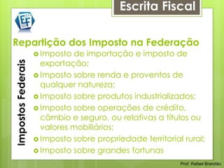 Escrita Fiscal

Repartição dos Imposto na Federação
                     Imposto de importação e imposto de
                      exportação;
Impostos Federais




                     Imposto sobre renda e proventos de
                      qualquer natureza;
                     Imposto sobre produtos industrializados;
                     Imposto sobre operações de crédito,
                      câmbio e seguro, ou relativas a títulos ou
                      valores mobiliários;
                     Imposto sobre propriedade territorial rural;
                     Imposto sobre grandes fortunas
                                                           Prof. Rafael Brandão
 