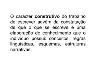 Concepções actuais da escritaÀs perspectivas atomizadas, mecanicistas e descontextualizadas, opõem-se, hoje, as concepções da escrita como:actividade cognitiva;apropriação continuada de uma forma particular da linguagem e do seu uso;processo comunicativo;- actividade contextualizada e intencional. (Frederiksen & Dominic, 1981).