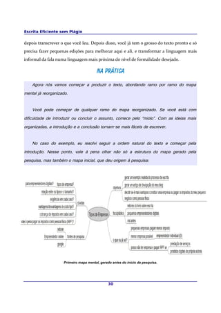 Escrita Eficiente sem Plágio
depois transcrever o que você leu. Depois disso, você já tem o grosso do texto pronto e só
precisa fazer pequenas edições para melhorar aqui e ali, e transformar a linguagem mais
informal da fala numa linguagem mais próxima do nível de formalidade desejado.
Na práticaNa prática
Agora nós vamos começar a produzir o texto, abordando ramo por ramo do mapa
mental já reorganizado.
Você pode começar de qualquer ramo do mapa reorganizado. Se você está com
dificuldade de introduzir ou concluir o assunto, comece pelo “miolo”. Com as ideias mais
organizadas, a introdução e a conclusão tornam-se mais fáceis de escrever.
No caso do exemplo, eu resolvi seguir a ordem natural do texto e começar pela
introdução. Nesse ponto, vale à pena olhar não só a estrutura do mapa gerado pela
pesquisa, mas também o mapa inicial, que deu origem à pesquisa:
Primeiro mapa mental, gerado antes do início da pesquisa.
30
 