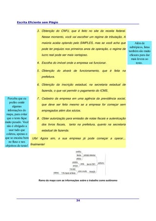 Escrita Eficiente sem Plágio
3. Obtenção do CNPJ, que é feito no site da receita federal.
Nesse momento, você vai escolher um regime de tributação. A
maioria acaba optando pelo SIMPLES, mas se você acha que
pode ter prejuízo nos primeiros anos de operação, o regime de
lucro real pode ser mais vantajoso.
4. Escolha do imóvel onde a empresa vai funcionar.
5. Obtenção do alvará de funcionamento, que é feita na
prefeitura.
6. Obtenção da inscrição estadual, na secretaria estadual de
fazenda, o que vai permitir o pagamento do ICMS.
7. Cadastro da empresa em uma agência da previdência social,
que deve ser feito mesmo se a empresa for começar sem
empregados além dos sócios.
8. Obter autorização para emissão de notas fiscais e autenticação
dos livros fiscais, tanto na prefeitura, quanto na secretaria
estadual de fazenda.
Ufa! Agora sim, a sua empresa já pode começar a operar...
finalmente!
Ramo do mapa com as informações sobre o trabalho como autônomo
34
Perceba que eu
prefiro omitir
algumas
informações do
mapa, para evitar
que o texto fique
muito pesado. Você
não é obrigado a
usar tudo que
coletou, apenas o
que se encaixa bem
no fluxo e nos
objetivos do texto!
Além de
subtópicos, listas
também são muito
eficazes para dar
mais leveza ao
texto.
 