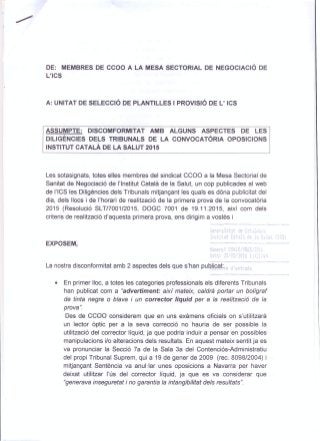 Escrit ccoo disconformitat diligencies tribunal opos ics 25.05.2016