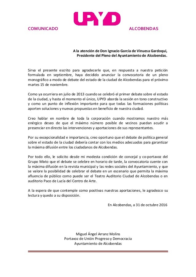 Escrito al alcalde alcobendas debate estado ciudad