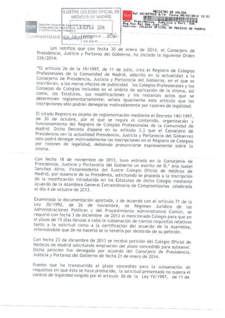 Escrito de consejería presidencia no registro modif estatutaria 11 feb14