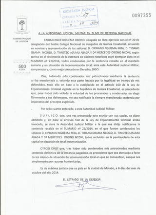 RECURSO DE QUEJA DEL LETRADO FABIÁN NSUE NGUEMA ANTE LA AUTORIDAD MILITAR DEL MINISTERIO DE DEFENSA NACIONAL