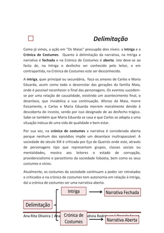 Ana Rita Oliveira | Ana Sofia Sousa | Andreia Rodriguez | Daniela Sousa
 Delimitação
Como já vimos, a ação em “Os Maias” pressupõe dois níveis: a Intriga e a
Crónica de Costumes. Quanto à delimitação da narrativa, na Intriga a
narrativa é fechada e na Crónica de Costumes é aberta. Isto deve-se ao
facto de, na Intriga o desfecho ser conhecido pelo leitor, e em
contrapartida, na Crónica de Costumes este ser desconhecido.
A intriga, quer principal ou secundária, foca os amores de Carlos e Maria
Eduarda, assim como todo o desenrolar das gerações da família Maia,
onde é possível reconhecer o final das personagens. Os eventos sucedem-
se por uma relação de causalidade, existindo um acontecimento final, o
desenlace, que inviabiliza a sua continuação. Afonso da Maia, morre
fisicamente, e Carlos e Maria Eduarda morrem moralmente devido à
descoberta do incesto, sendo por isso designado de ao desfecho trágico.
Sabe-se também que Maria Eduarda se casa e que Carlos se adapta a uma
situação inócua de uma vida de qualidade e bem estar.
Por sua vez, na crónica de costumes a narrativa é considerada aberta
porque nenhum dos episódios impõe um desenlace inultrapassável. A
sociedade do século XIX é criticada por Eça de Queirós onde este, através
de personagens tipo que representam grupos, classes sociais ou
mentalidades, mostra aos leitores o estado de corrupção,
providencialismo e parasitismo da sociedade lisboeta, bem como os seus
costumes e vícios.
Atualmente, os costumes da sociedade continuam a poder ser retratados
e criticados e na crónica de costumes tem autonomia em relação à Intriga,
daí a crónica de costumes ser uma narrativa aberta.
 