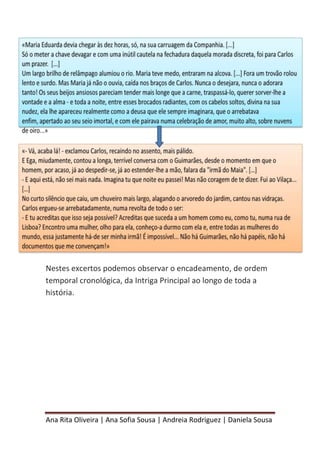 Ana Rita Oliveira | Ana Sofia Sousa | Andreia Rodriguez | Daniela Sousa
Nestes excertos podemos observar o encadeamento, de ordem
temporal cronológica, da Intriga Principal ao longo de toda a
história.
 