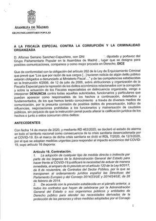 Comunidad de Madrid : Escrito de la denuncia ante la fiscalía de los contratos del Gobierno