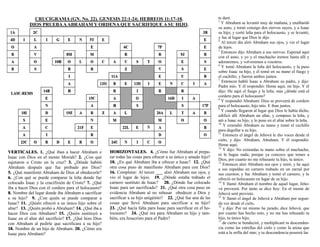 te daré.
3
Y Abraham se levantó muy de mañana, y enalbardó
su asno, y tomó consigo dos siervos suyos, y a Isaac
su hijo; y cortó leña para el holocausto, y se levantó,
y fue al lugar que Dios le dijo.
4
Al tercer día alzó Abraham sus ojos, y vio el lugar
de lejos.
5
Entonces dijo Abraham a sus siervos: Esperad aquí
con el asno, y yo y el muchacho iremos hasta allí y
adoraremos, y volveremos a vosotros.
6
Y tomó Abraham la leña del holocausto, y la puso
sobre Isaac su hijo, y él tomó en su mano el fuego y
el cuchillo; y fueron ambos juntos.
7
Entonces habló Isaac a Abraham su padre, y dijo:
Padre mío. Y él respondió: Heme aquí, mi hijo. Y él
dijo: He aquí el fuego y la leña; mas ¿dónde está el
cordero para el holocausto?
8
Y respondió Abraham: Dios se proveerá de cordero
para el holocausto, hijo mío. E iban juntos.
9
Y cuando llegaron al lugar que Dios le había dicho,
edificó allí Abraham un altar, y compuso la leña, y
ató a Isaac su hijo, y lo puso en el altar sobre la leña.
10
Y extendió Abraham su mano y tomó el cuchillo
para degollar a su hijo.
11
Entonces el ángel de Jehová le dio voces desde el
cielo, y dijo: Abraham, Abraham. Y él respondió:
Heme aquí.
12
Y dijo: No extiendas tu mano sobre el muchacho,
ni le hagas nada; porque ya conozco que temes a
Dios, por cuanto no me rehusaste tu hijo, tu único.
13
Entonces alzó Abraham sus ojos y miró, y he aquí
a sus espaldas un carnero trabado en un zarzal por
sus cuernos; y fue Abraham y tomó el carnero, y lo
ofreció en holocausto en lugar de su hijo.
14
Y llamó Abraham el nombre de aquel lugar, Jeho-
vá proveerá. Por tanto se dice hoy: En el monte de
Jehová será provisto.
15
Y llamó el ángel de Jehová a Abraham por segun-
da vez desde el cielo,
16
y dijo: Por mí mismo he jurado, dice Jehová, que
por cuanto has hecho esto, y no me has rehusado tu
hijo, tu único hijo;
17
de cierto te bendeciré, y multiplicaré tu descenden-
cia como las estrellas del cielo y como la arena que
está a la orilla del mar; y tu descendencia poseerá las
VERTICALES. 1.VERTICALES. 1. ¿Qué iban a hacer Abraham e
Isaac con Dios en el monte Moriah? 2.2. ¿Con qué
sujetaron a Cristo en la cruz? 3.3. ¿Dónde habitó
Abraham después que fue probado por Dios?
5.5. ¿Qué manifestó Abraham de Dios al obedecerle?
6.6. ¿Con qué se puede comparar la leña donde fue
colocado Isaac y la crucifixión de Cristo? 7.7. ¿Qué
iba a hacer Dios con el cordero para el holocausto?
8.8. Nombre del lugar donde iba Abraham a sacrificar
a su hijo? 9.9. ¿Con quién se puede comparar a
Isaac? 11.11. ¿Quién ofreció a su único hijo sobre el
altar? 13.13. ¿Quién probó a Abraham? 14.14. ¿Qué iba a
hacer Dios con Abraham? 15.15. ¿Quién sustituyó a
Isaac en el altar del sacrificio? 17.17. ¿Qué hizo Dios
con Abraham al pedirle que sacrificara a su hijo?
18.18. Nombre de un hijo de Abraham. 20.20. ¿Cómo era
Isaac para Abraham?
HORIZONTALES. 4.HORIZONTALES. 4. ¿Cómo fue Abraham al prepa-
rar todas las cosas para ofrecer a su único y amado hijo?
10.10. ¿En qué Abraham iba a ofrecer a Isaac? 12.12. ¿Qué
otra cosa puso de manifiesto Abraham para con Dios?
16.16. Completar: Al tercer ______ alzó Abraham sus ojos, y
vio el lugar de lejos. 19.19. ¿Dónde estaba trabado el
carnero sustituto de Isaac? 20.20. ¿Dónde fue colocado
Isaac para ser sacrificado? 21.21. ¿Qué otra cosa puso en
evidencia Abraham al no rehusar obedecer a Dios y
sacrificar a su hijo unigénito? 22.22. ¿Qué fue una de las
cosas que llevó Abraham para sacrificar a su hijo?
23.23. ¿Qué hacía falta para Isaac para sacrificar en el ho-
locausto? 24.24. ¿Qué era para Abraham su hijo y tam-
bién, era Jesucristo para el Padre?
CRUCIGRAMA (GN. No. 22). GENESIS 22:1-24; HEBREOS 11:17-18.
DIOS PRUEBAAABRAHAM Y ORDENA QUE SACRIFIQUE A SU HIJO.
 