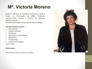 Mª. Victoria Moreno
Nada en Valencia de Alcántara (Cáceres) en 1939 e
finada en Pontevedra no 2005. Tradutora,
conferencia...
