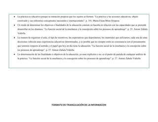 La práctica es educativa porque su intención propicia que los sujetos se formen. “La práctica y las acciones educativas, objeto
construido y sus referentes conceptuales nacionales e internacionales”. p. 191, María Elena Mora Oropeza.
Un modo de determinar los objetivos o finalidades de la educación consiste en hacerla en relación con las capacidades que se pretende
desarrollar en los alumnos. “La función social de la enseñanza y la concepción sobre los procesos de aprendizaje”. p. 25. Antoni Zabala
Vidiella.
La manera de organizar el aula, el tipo de incentivos, las expectativas que depositamos, los materiales que utilizamos, cada una de estas
decisiones vehicula unas experiencias educativas determinadas, y es posible que no siempre estén en consonancia con el pensamiento
que tenemos respecto al sentido y el papel que hoy en día tiene la educación. “La función social de la enseñanza y la concepción sobre
los procesos de aprendizaje”. p. 27. Antoni Zabala Vidiella.
La determinación de las finalidades u objetivos de la educación, ya sean explícitos o no, es el punto de partida de cualquier análisis de
la práctica. “La función social de la enseñanza y la concepción sobre los procesos de aprendizaje”. p. 27. Antoni Zabala Vidiella.
FORMATO DE TRIANGULACIÓN DE LA INFORMACION
 