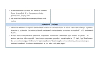 Se realizan diversas actividades para atender las diferentes
formas de aprendizaje de los alumnos como: dibujos,
participaciones, juegos y cantos.
Las estrategias se usan de acuerdo a las actividades que se
realizan.
CONCEPTOS / AUTORES
Un modo de determinar los objetivos o finalidades de la educación consiste en hacerla en relación con las capacidades que se pretende
desarrollar en los alumnos. “La función social de la enseñanza y la concepción sobre los procesos de aprendizaje”. p. 25. Antoni Zabala
Vidiella.
A través de las acciones educativas que realizan, los profesores se manifiestan y transforman lo que acontece. “La práctica y las
acciones educativas, objeto construido y sus referentes conceptuales nacionales e internacionales”. p. 193, María Elena Mora Oropeza.
Las acciones tienen un papel fundamental en la práctica educativa “La práctica y las acciones educativas, objeto construido y sus
referentes conceptuales nacionales e internacionales”. p. 193, María Elena Mora Oropeza.
 