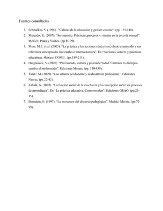 Fuentes consultadas
1. Schmelkes, S. (1996). "Calidad de la educación y gestión escolar". (pp. 135-148).
2. Mercado, E. (2007). “Ser maestro. Prácticas, procesos y rituales en la escuela normal”.
México: Plaza y Valdés. (pp.45-99).
3. Mora, M.E. et.al. (2003). “La práctica y las acciones educativas, objeto construido y sus
referentes conceptuales nacionales e internacionales”. En “Acciones, actores y prácticas
educativas. México: COMIE. (pp.189-211).
4. Hargreaves, A. (2005). “Profesorado, cultura y posmodernidad. Cambian los tiempos,
cambia el profesorado”. Ediciones Morata. (pp. 119-139).
5. Tardif. M. (2009). “Los saberes del docente y su desarrollo profesional”. Ediciones
Narcea. (pp.22-42).
6. Zabala, A. (2005). “La función social de la enseñanza y la concepción sobre los procesos
de aprendizaje”. En “La práctica educativa. Como enseñar”. Ediciones GRAÓ. (pp.25-
35).
7. Bernstein, B. (1997). “La estructura del discurso pedagógico”. Madrid: Morata. (pp.72-
99).
 